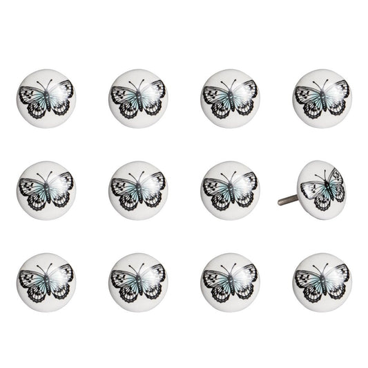 Set of Twelve Black And White Botanical Ceramic Drawer Pull Knobs