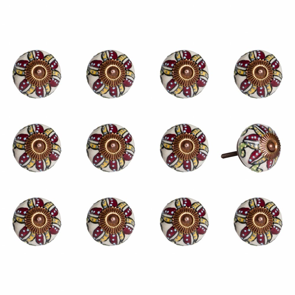 Set of Twelve Red And Yellow Botanical Ceramic Drawer Pull Knobs
