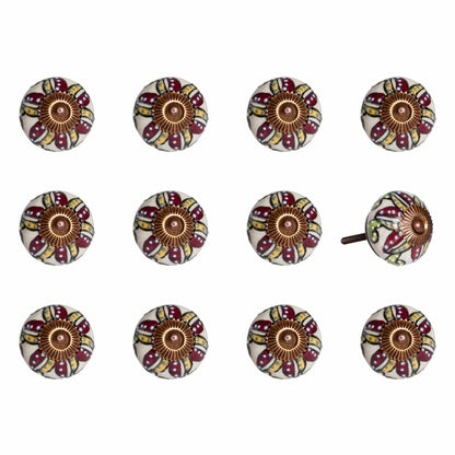 Set of Twelve Red And Yellow Botanical Ceramic Drawer Pull Knobs