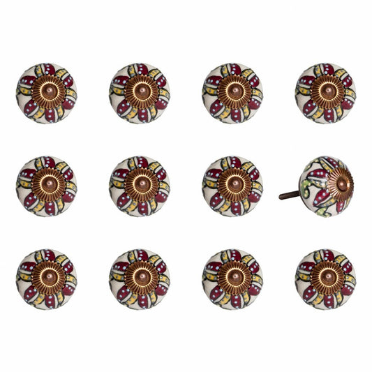 Set of Twelve Red And Yellow Botanical Ceramic Drawer Pull Knobs