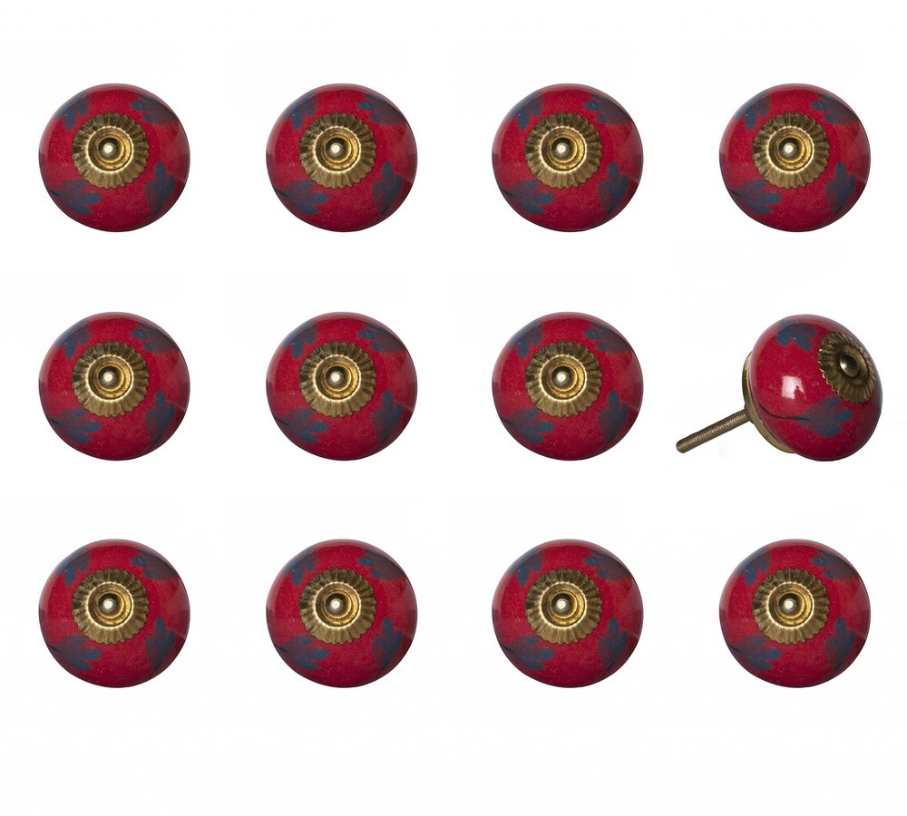 Set of Twelve Blue And Red Floral Ceramic Drawer Pull Knobs