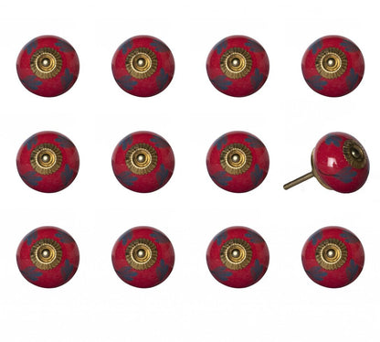 Set of Twelve Blue And Red Floral Ceramic Drawer Pull Knobs
