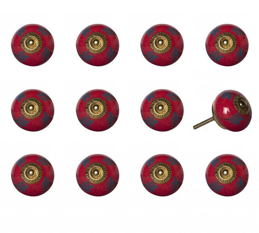 Set of Twelve Blue And Red Floral Ceramic Drawer Pull Knobs