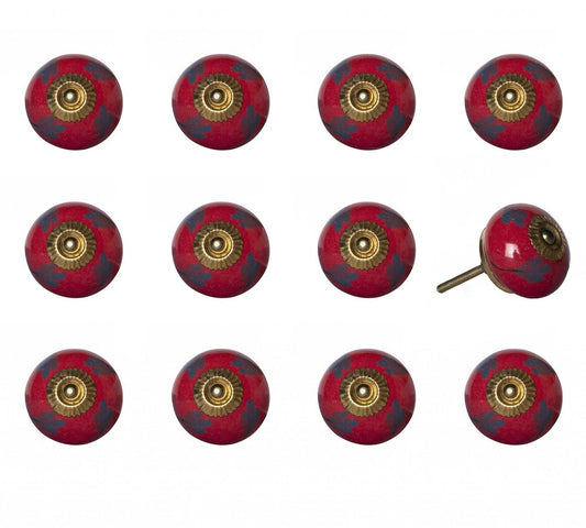 Set of Twelve Blue And Red Floral Ceramic Drawer Pull Knobs