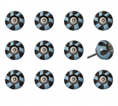 Set of Twelve Blue And Black Geometric Ceramic Drawer Pull Knobs