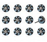 Set of Twelve Blue And Black Geometric Ceramic Drawer Pull Knobs