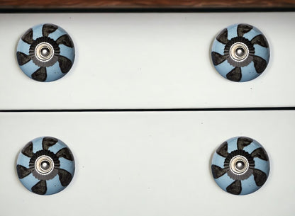 Set of Twelve Blue And Black Geometric Ceramic Drawer Pull Knobs