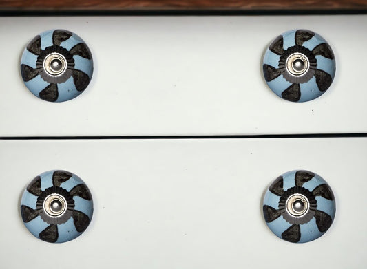 Set of Twelve Blue And Black Geometric Ceramic Drawer Pull Knobs