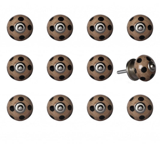 Set of Twelve Brown And Black Geometric Ceramic Drawer Pull Knobs