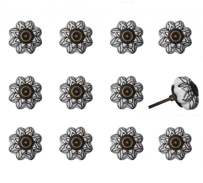 Set of Twelve Black And White Floral Ceramic Drawer Pull Knobs