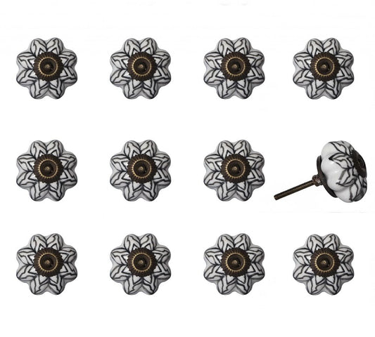 Set of Twelve Black And White Floral Ceramic Drawer Pull Knobs