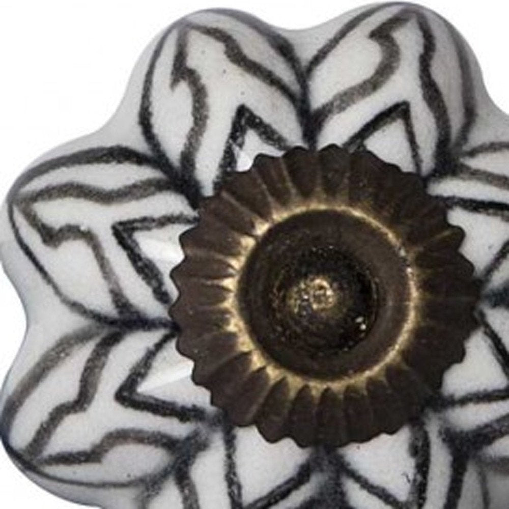 Set of Twelve Black And White Floral Ceramic Drawer Pull Knobs