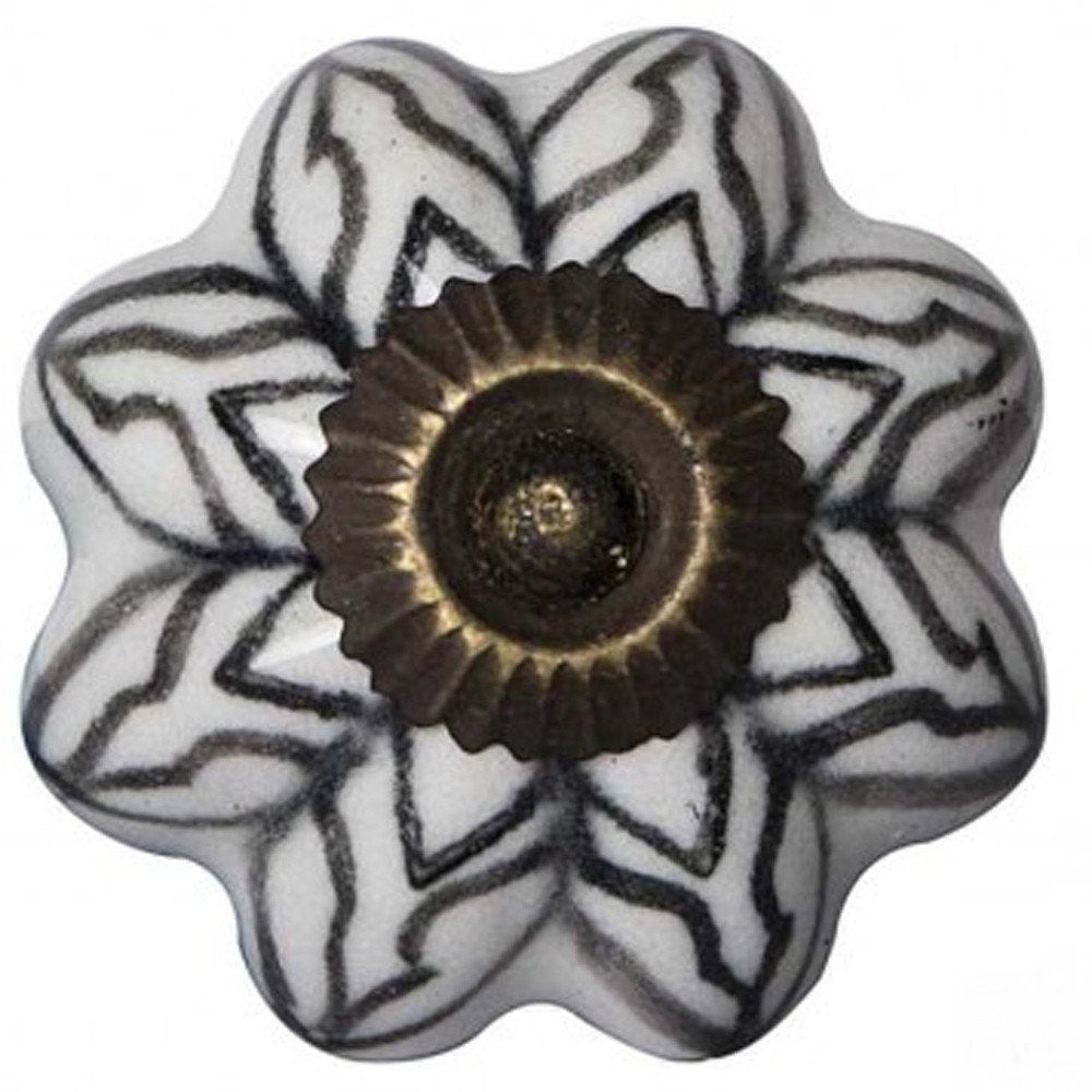 Set of Twelve Black And White Floral Ceramic Drawer Pull Knobs