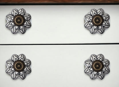 Set of Twelve Black And White Floral Ceramic Drawer Pull Knobs