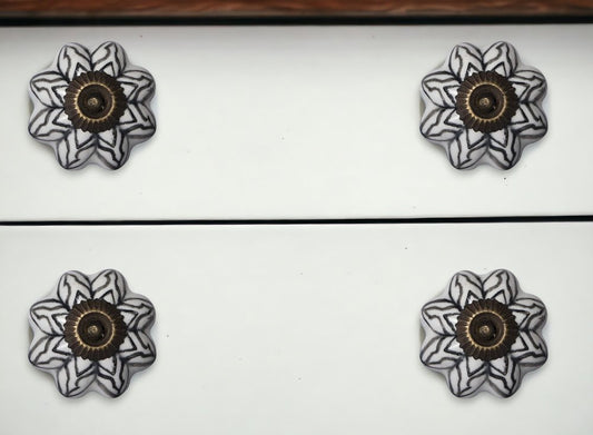 Set of Twelve Black And White Floral Ceramic Drawer Pull Knobs