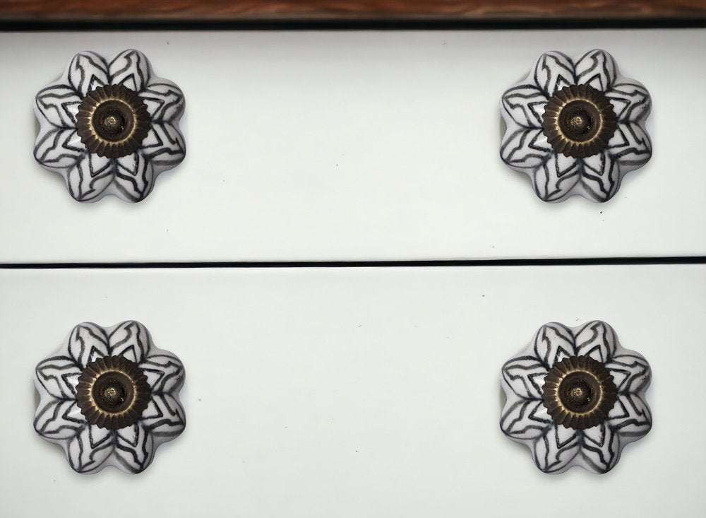 Set of Twelve Black And White Floral Ceramic Drawer Pull Knobs