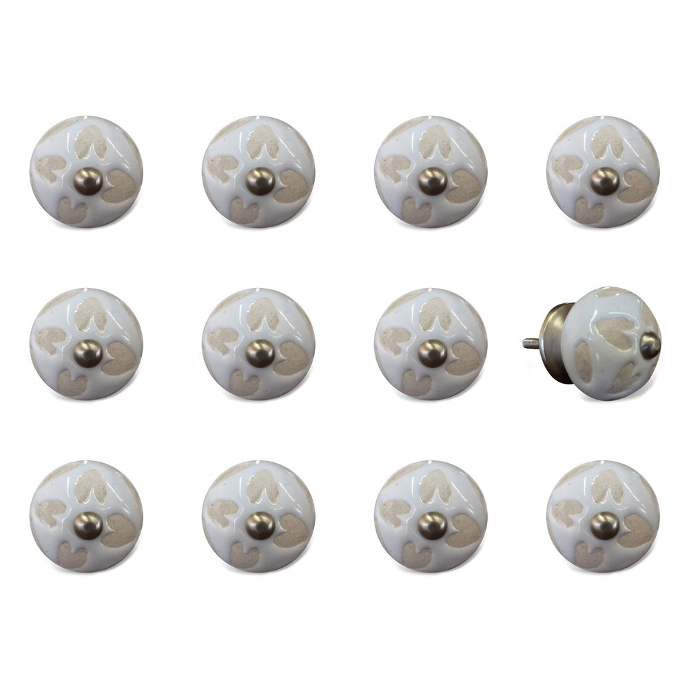 Set of Twelve Beige And White Floral Ceramic Drawer Pull Knobs