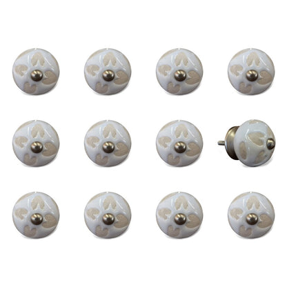 Set of Twelve Beige And White Floral Ceramic Drawer Pull Knobs