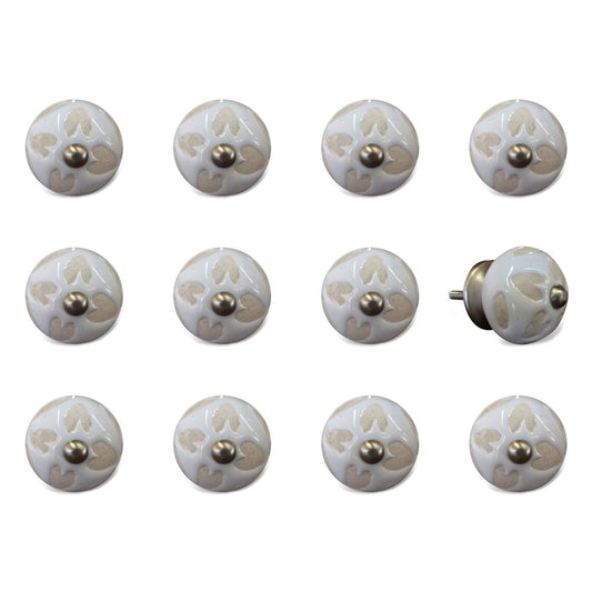 Set of Twelve Beige And White Floral Ceramic Drawer Pull Knobs