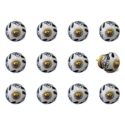 Set of Twelve Black And White Ceramic Drawer Pull Knobs