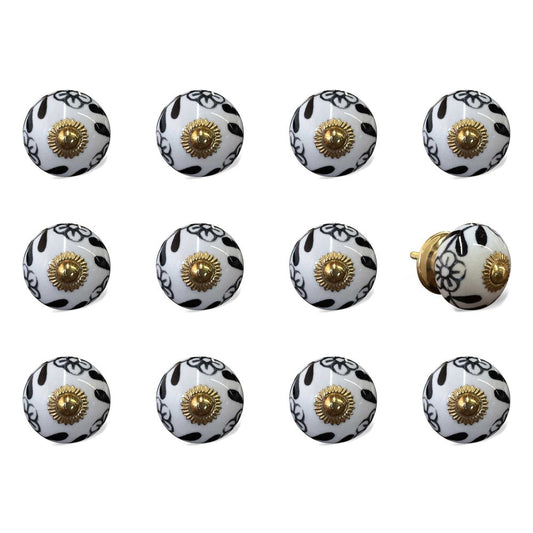Set of Twelve Black And White Ceramic Drawer Pull Knobs