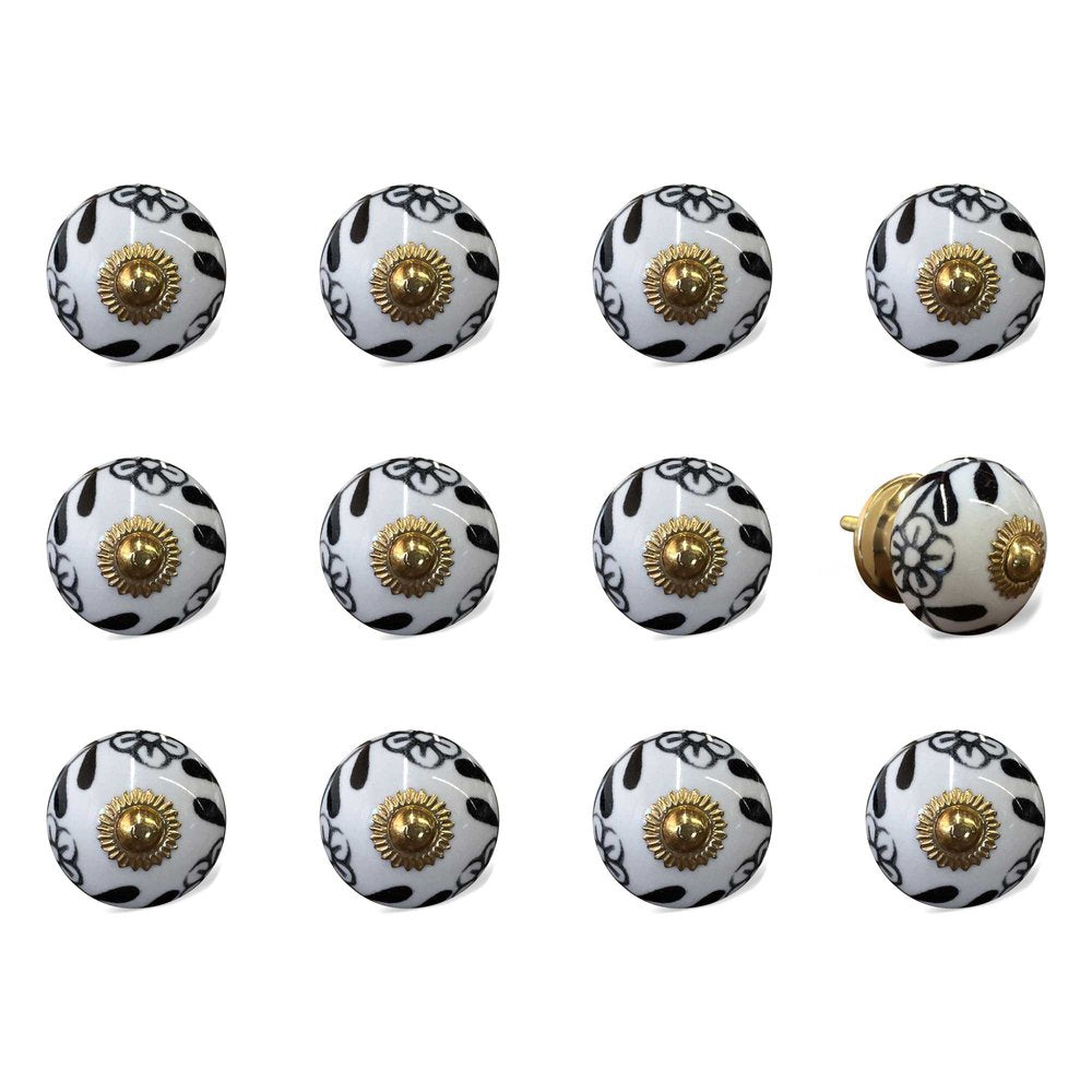 Set of Twelve Black And White Ceramic Drawer Pull Knobs