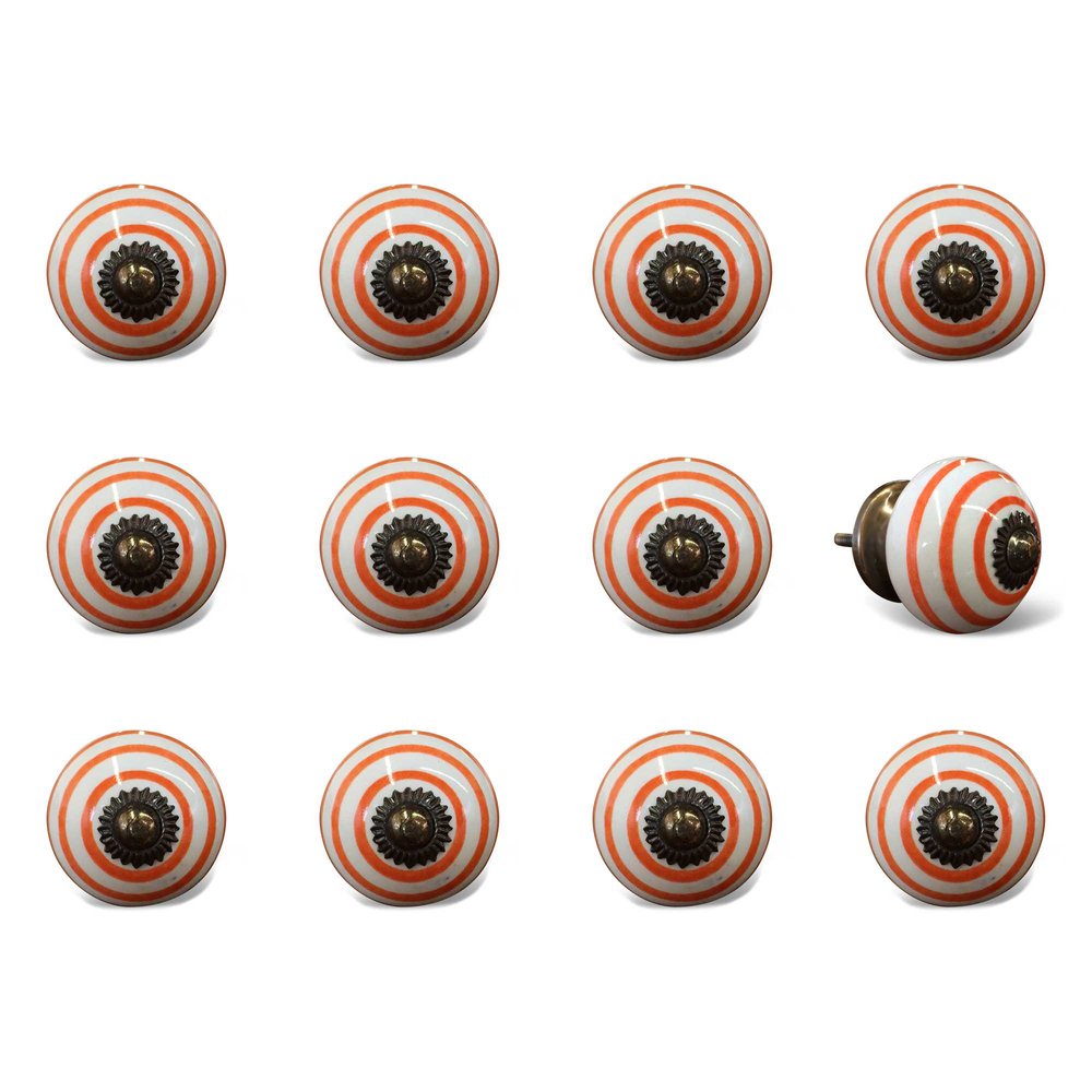 Set of Twelve Orange And White Geometric Ceramic Drawer Pull Knobs