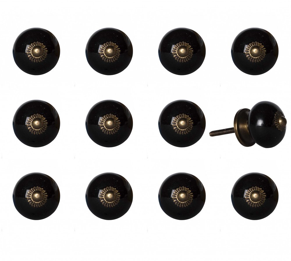Set of Twelve Black And Gold Ceramic Drawer Pull Knobs