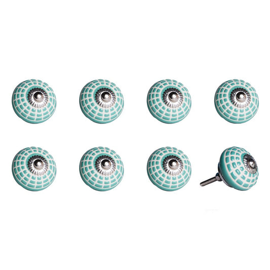 Set of Eight Turquoise And White Geometric Ceramic Drawer Pull Knobs