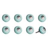 Set of Eight Turquoise And White Geometric Ceramic Drawer Pull Knobs