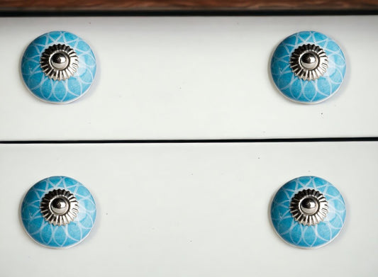 Set of Eight Aqua And White Floral Ceramic Drawer Pull Knobs