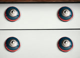 Set of Eight Navy Blue And Red Geometric Ceramic Drawer Pull Knobs