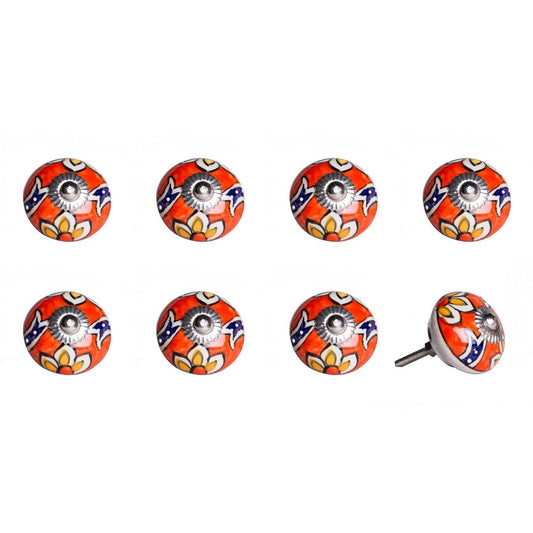 Set of Eight Orange And White Floral Ceramic Drawer Pull Knobs