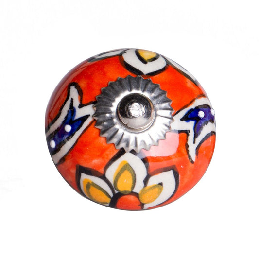 Set of Eight Orange And White Floral Ceramic Drawer Pull Knobs