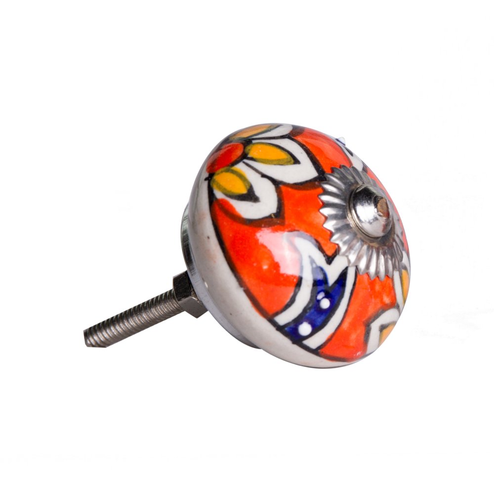 Set of Eight Orange And White Floral Ceramic Drawer Pull Knobs
