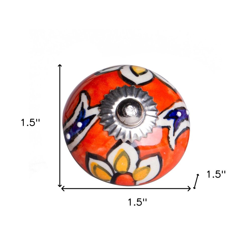 Set of Eight Orange And White Floral Ceramic Drawer Pull Knobs