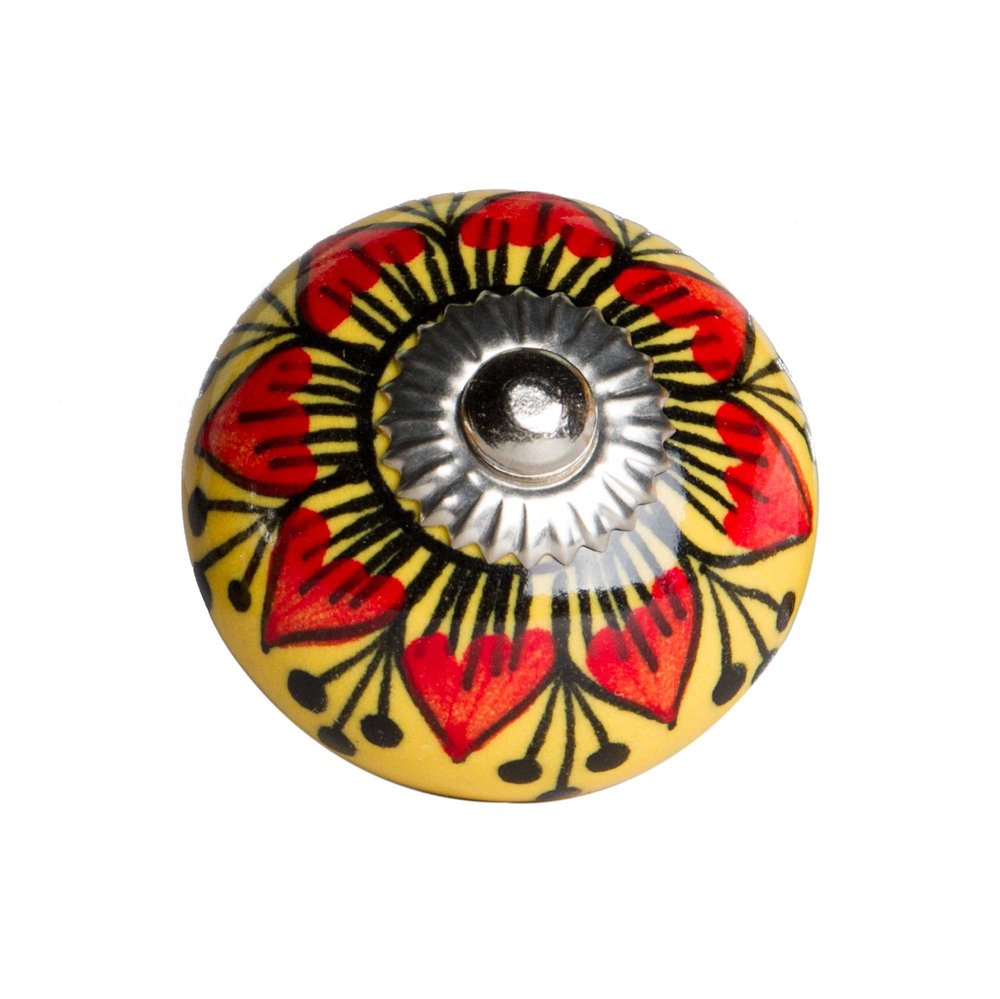 Set of Eight Yellow And Black Floral Ceramic Drawer Pull Knobs