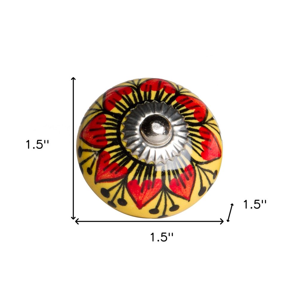 Set of Eight Yellow And Black Floral Ceramic Drawer Pull Knobs