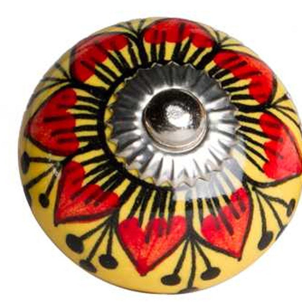 Set of Eight Yellow And Black Floral Ceramic Drawer Pull Knobs