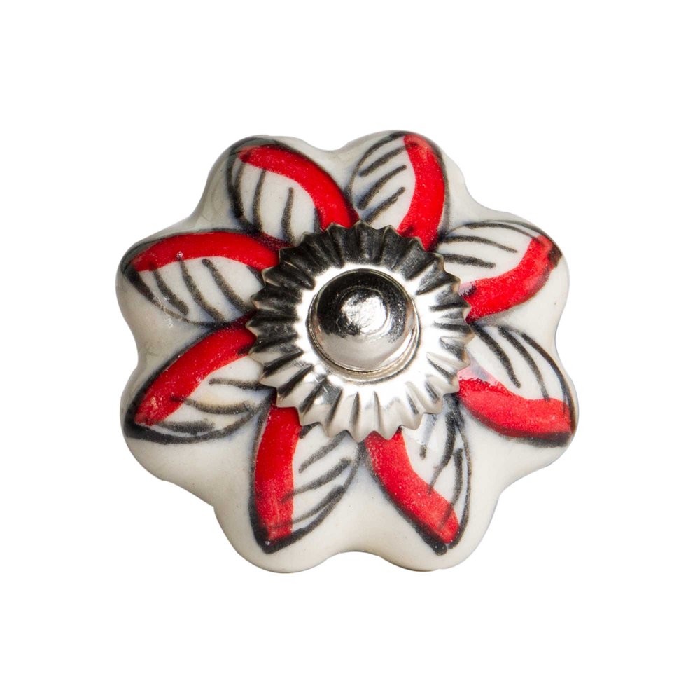 Set of Eight Red And White Floral Ceramic Drawer Pull Knobs