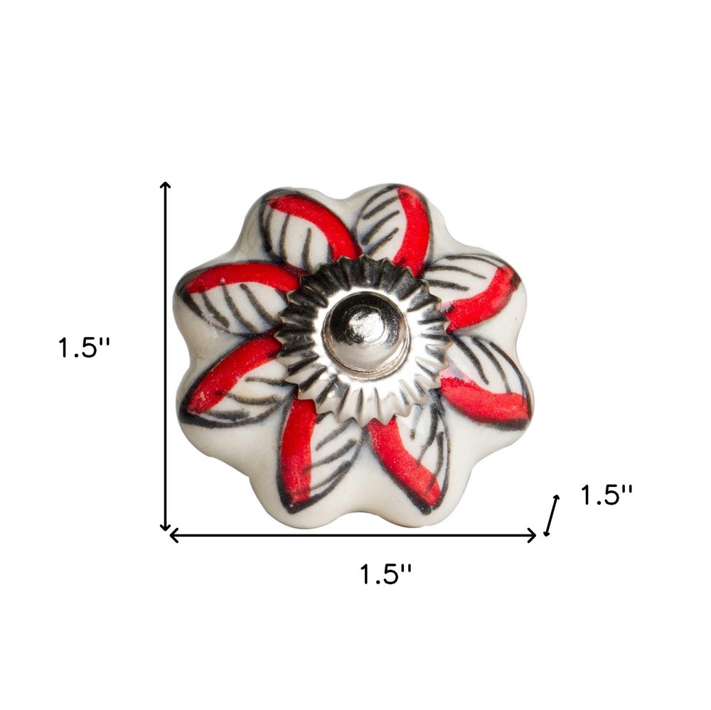 Set of Eight Red And White Floral Ceramic Drawer Pull Knobs