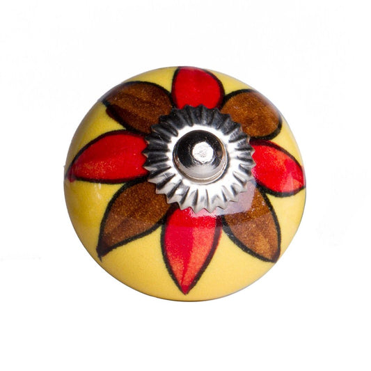 Set of Eight Red And Yellow Floral Ceramic Drawer Pull Knobs