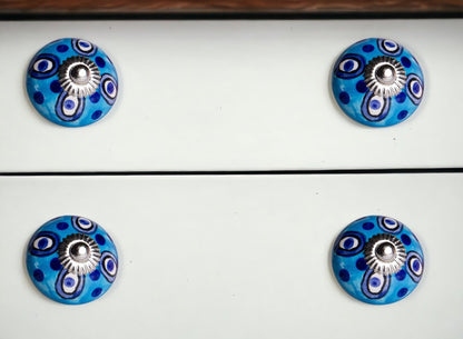 Set of Eight Blue And White Botanical Ceramic Drawer Pull Knobs