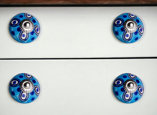 Set of Eight Blue And White Botanical Ceramic Drawer Pull Knobs