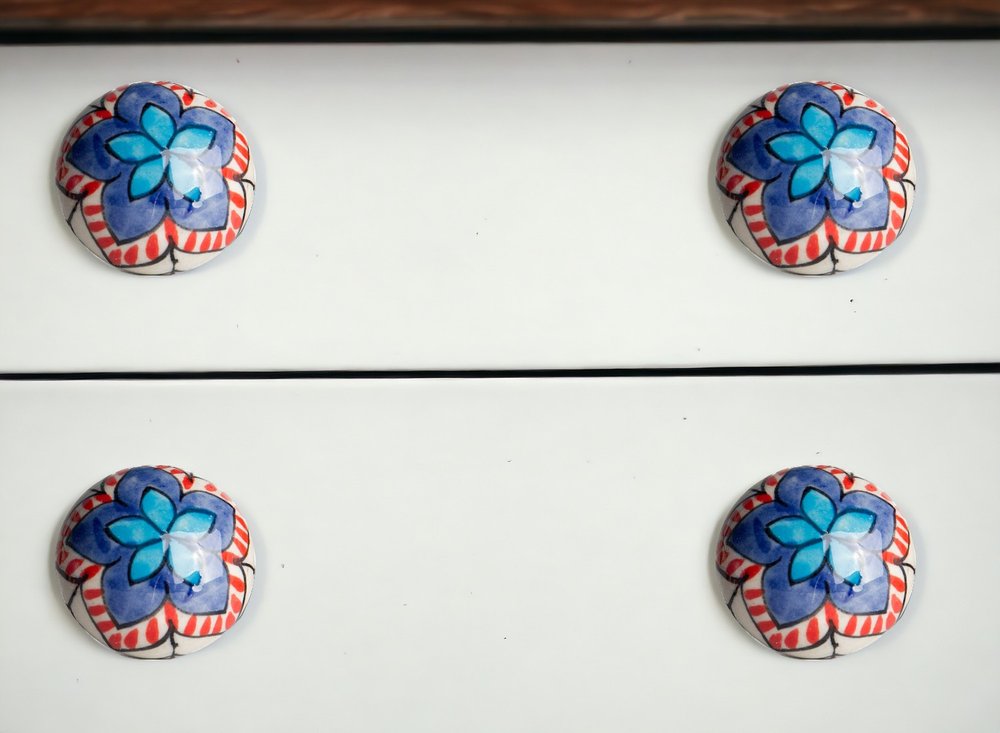 Set of Eight Blue And White Floral Ceramic Drawer Pull Knobs