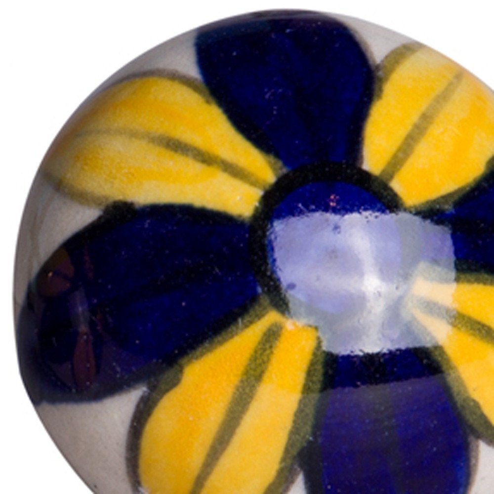 Set of Eight Blue And Yellow Floral Ceramic Drawer Pull Knobs