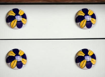 Set of Eight Blue And Yellow Floral Ceramic Drawer Pull Knobs