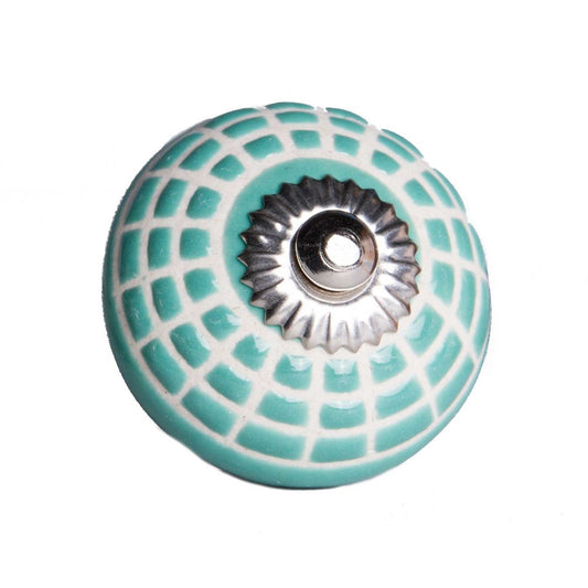 Set of Twelve Turquoise And White Geometric Ceramic Drawer Pull Knobs