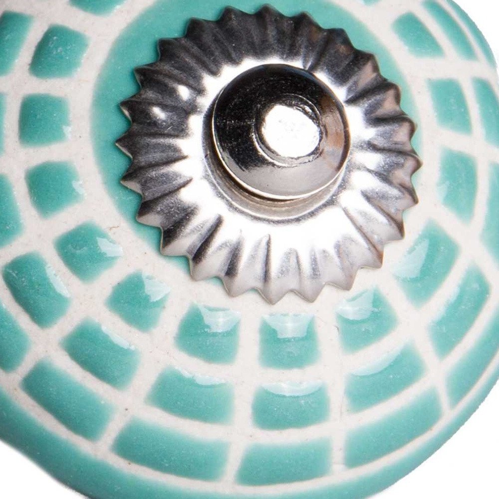 Set of Twelve Turquoise And White Geometric Ceramic Drawer Pull Knobs