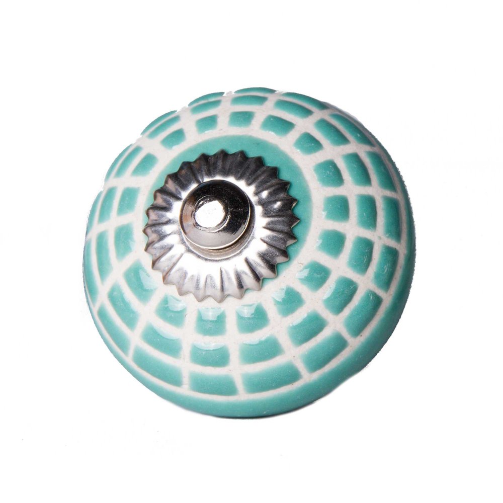 Set of Twelve Turquoise And White Geometric Ceramic Drawer Pull Knobs